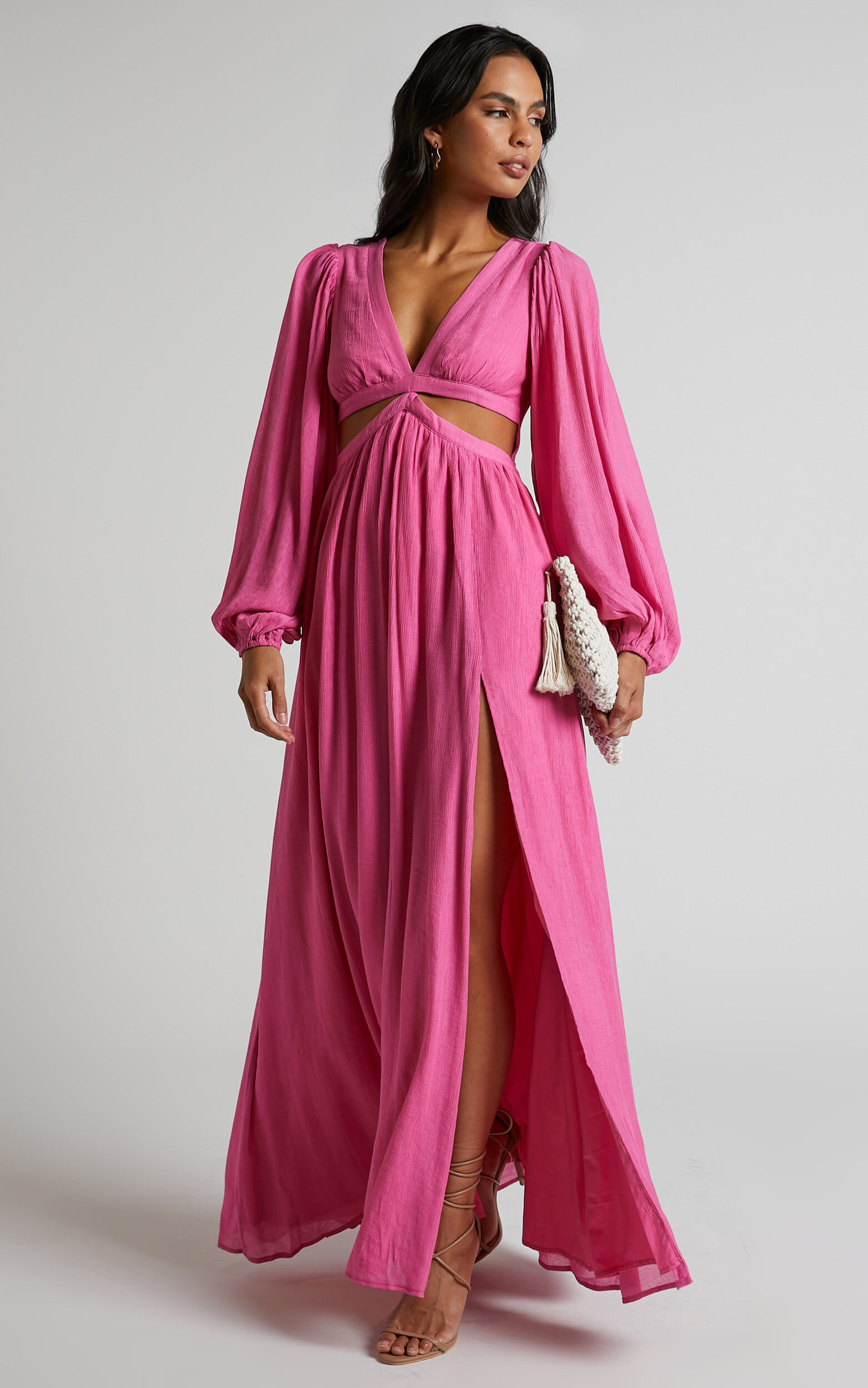 Paige Maxi Dress - Side Cut Out Balloon Sleeve Dress in Pink - 04, PNK1