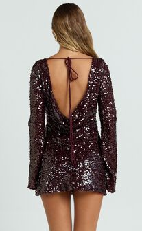 Bertina Mini Dress - Sequin Scoop Neck Low Back Dress in Wine