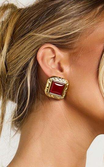Gretel Earrings - Square Stud Earrings in Red and Gold