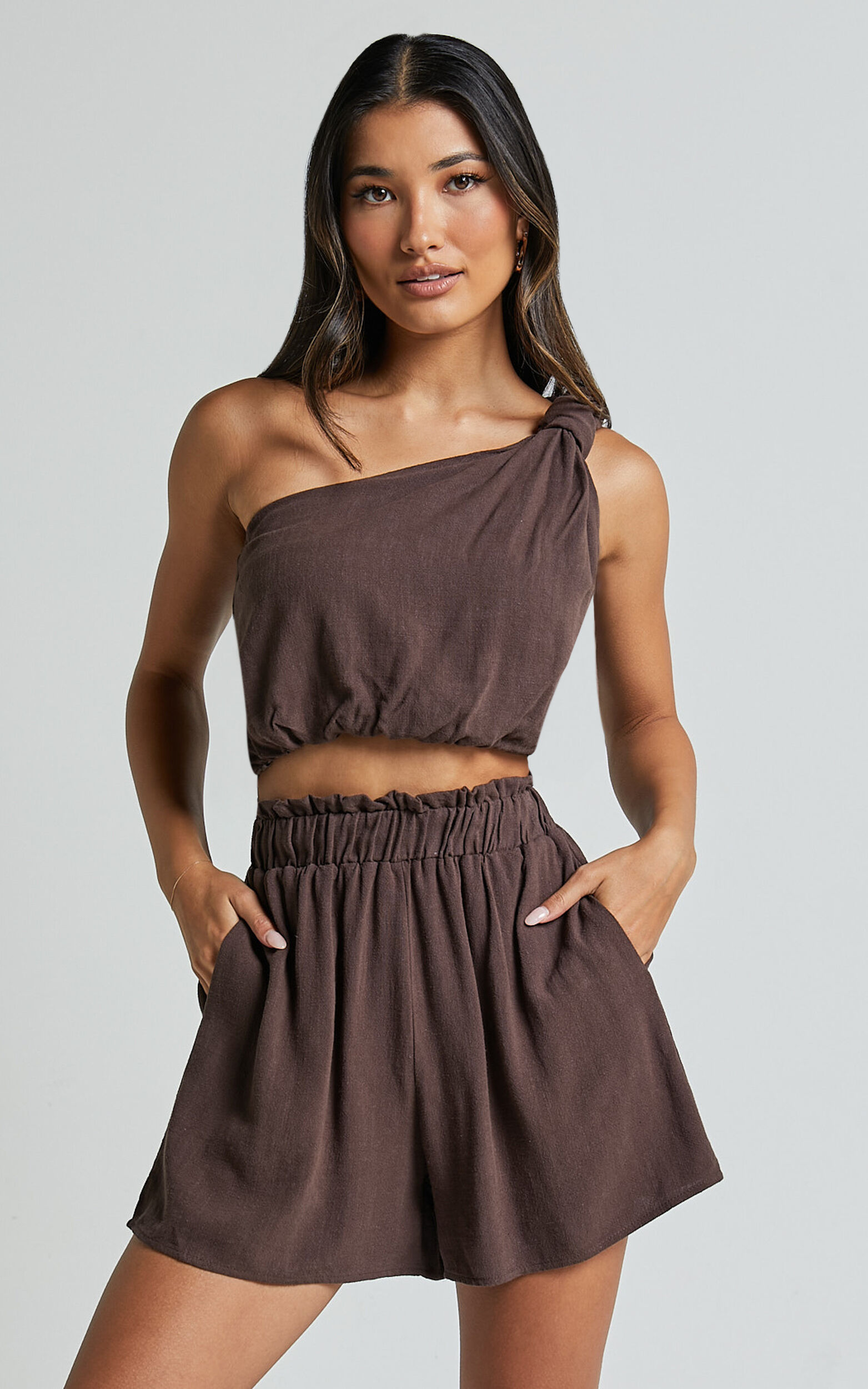 Raylene Two Piece Set - Linen Knotted One Shoulder Top and Paper Bag Waist Shorts in Tobacco - 06, BRN1