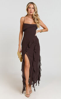 Connie Midi Dress- Ruffle Detail Dress in Chocolate