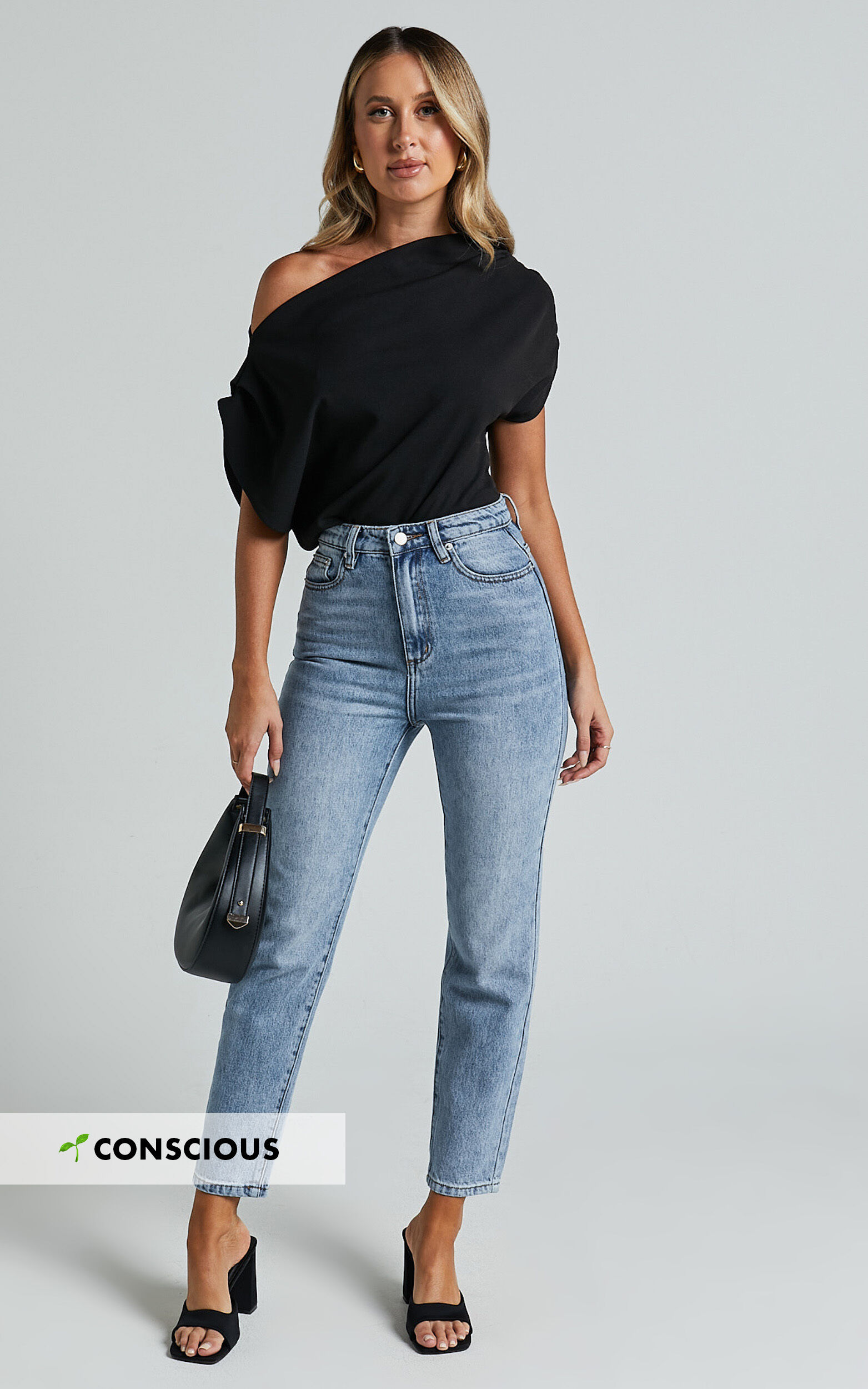 Billie Jeans - High Waisted Recycled Cotton Mom Denim Jeans in Mid Blue Wash - 12, BLU1