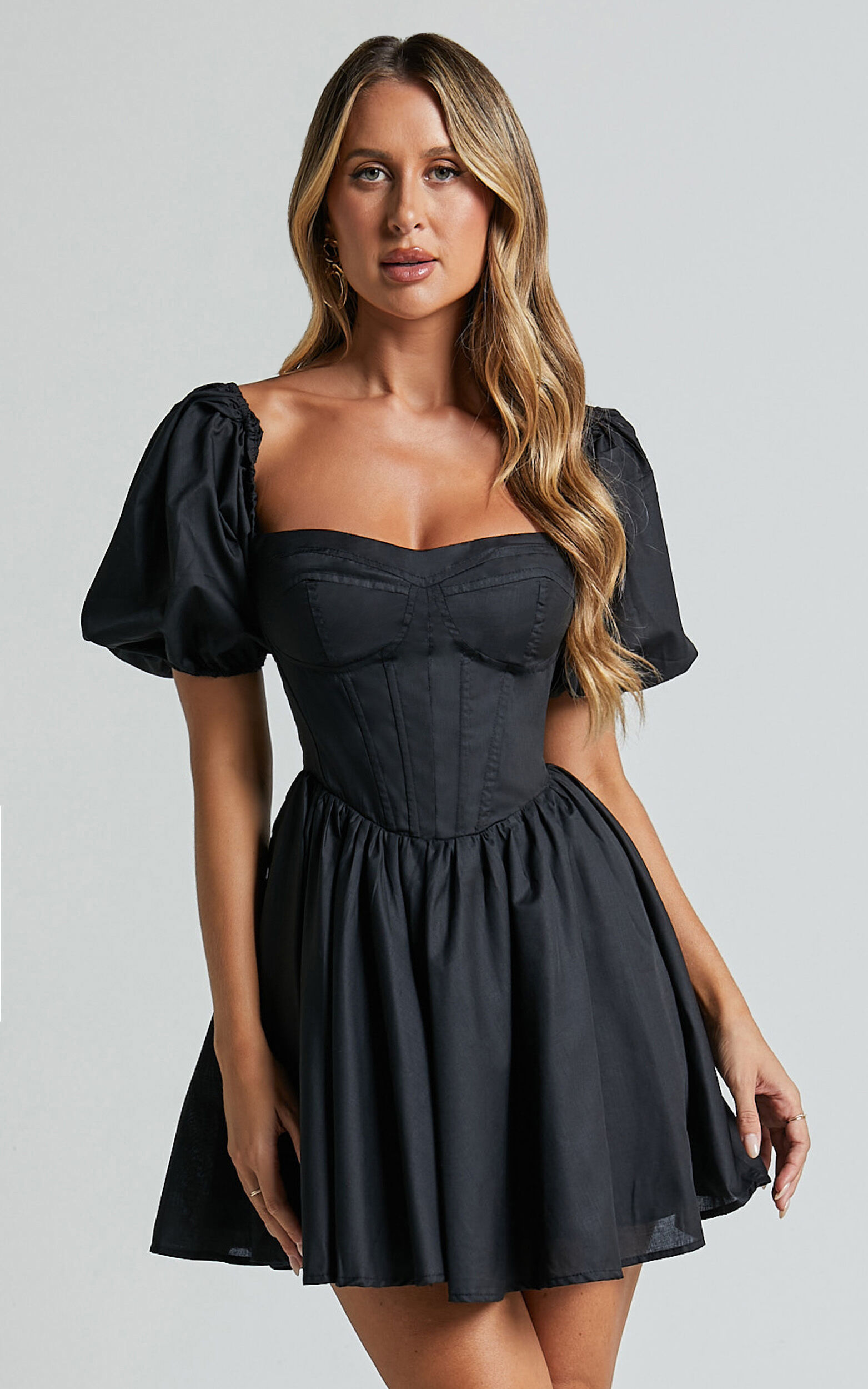 Souza Mini Dress - Fit and Flare Puff Sleeve Corset Dress in Black - 06, BLK1