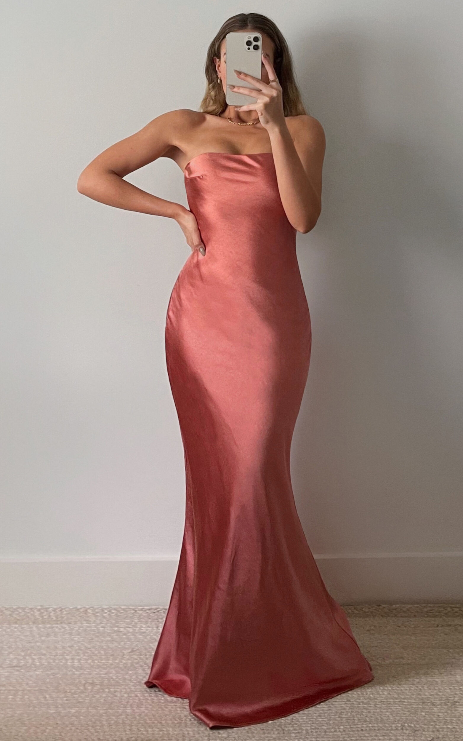 Charlita Maxi Dress - Strapless Cowl Back Satin Dress in Peach - 06, ORG1