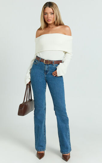 Inez Jeans - Mid Rise Slim Straight Bootcut Jeans in Dark Blue Wash