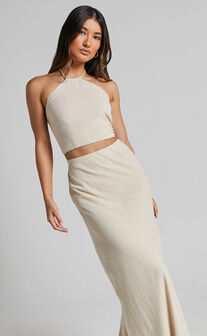 Chelsea Two Piece Set - Linen Halter Neck Top and Bias Cut Sheer Maxi Skirt in Natural